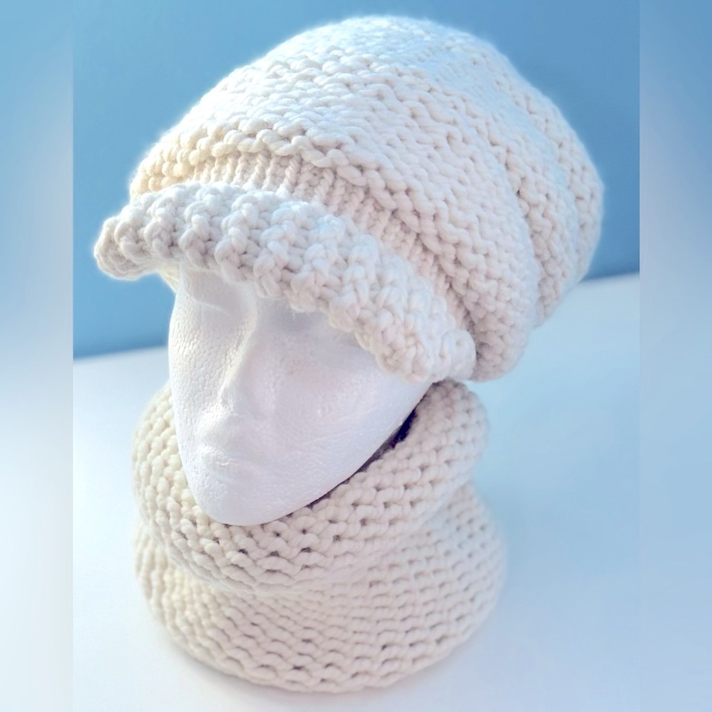 Hand Crafted Wool Knit Slouchy Hat with visor Cowl 2 piece Set adult/teen